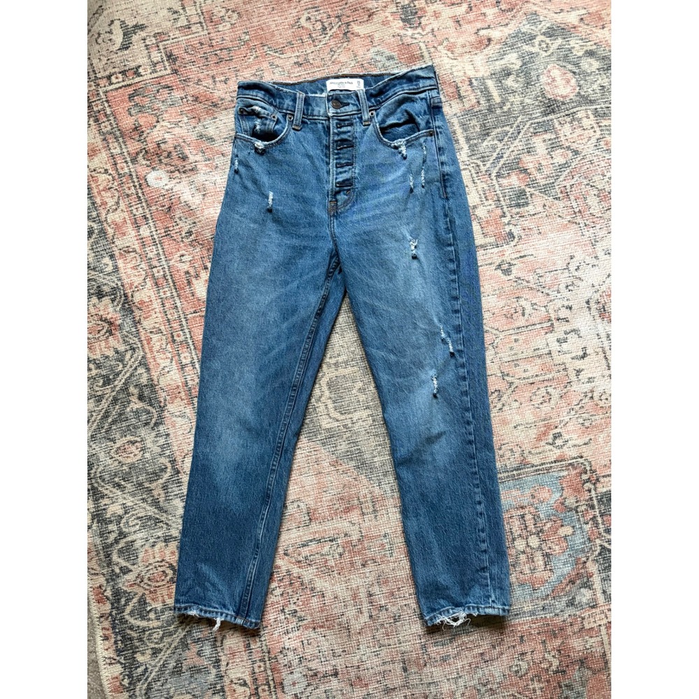 Abercrombie & Fitch The Mom High Rise Distressed Blue Denim Jeans Button Fly 25